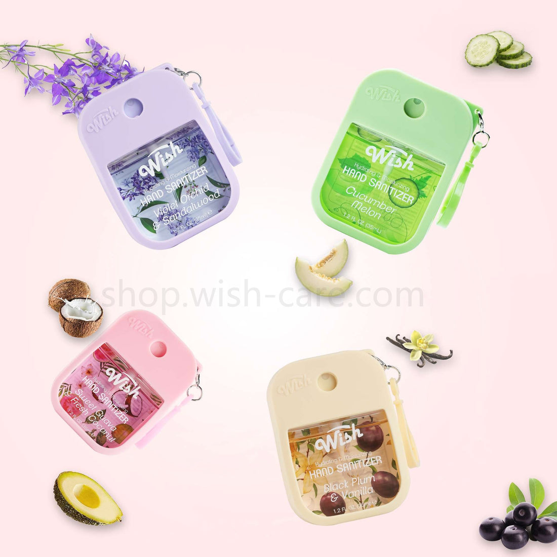 Black Plum / Cucumber Melon / Sweet Guava / Violet Orchid Hand Sanitizer Bundle, 4x 1.2 oz w/ Silicone Case